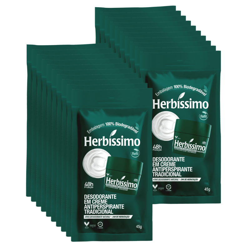 Kit c/ 20 Sachê Refil Desodorante Creme Antitranspirante Tradicional Herbíssimo - 45g - Caixa c/ 20 Unidades