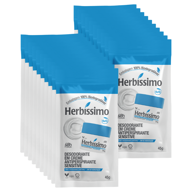 Kit c/ 20 Sachê Refil Desodorante Creme Antitranspirante Sensitive Herbíssimo - 45g - Caixa c/ 20 Unidades