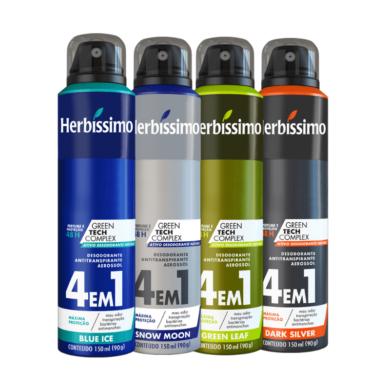 Kit Desodorante Aerosol Antitranspirante Herbíssimo Blue Ice + Snow Moon + Green Leaf + Dark Silver - 150ml