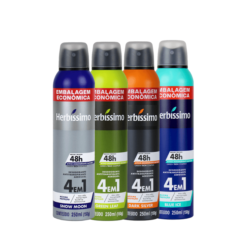 Kit Desodorante Aerosol Antitranspirante Herbíssimo Blue Ice + Snow Moon + Green Leaf + Dark Silver - 250ml