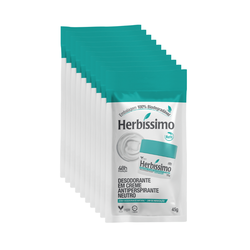 Kit c/ 10 Sachê Refil Desodorante Creme Antitranspirante Neutro Herbíssimo - 45g - 10 Unidades