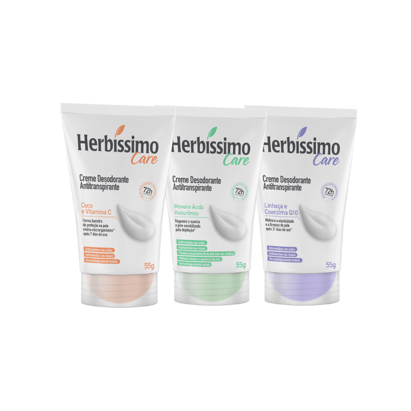 Kit Creme Desodorante Antitranspirante Herbíssimo Care - Coco + Monoi + Linhaça - Bisnaga 55g