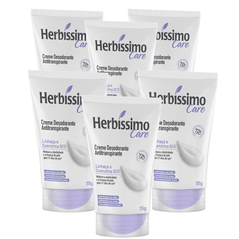 Kit Creme Desodorante Antitranspirante Herbíssimo Care - Linhaça e Coenzima Q10 - Bisnaga 55g - 6 Unidades