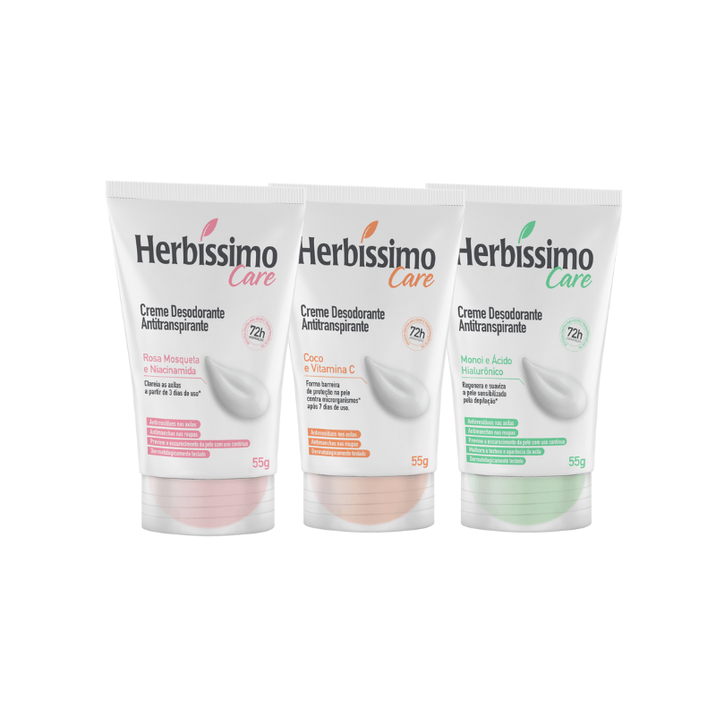 Kit Creme Desodorante Antitranspirante Herbíssimo Care - Rosa Mosqueta + Coco + Monoi - Bisnaga 55g