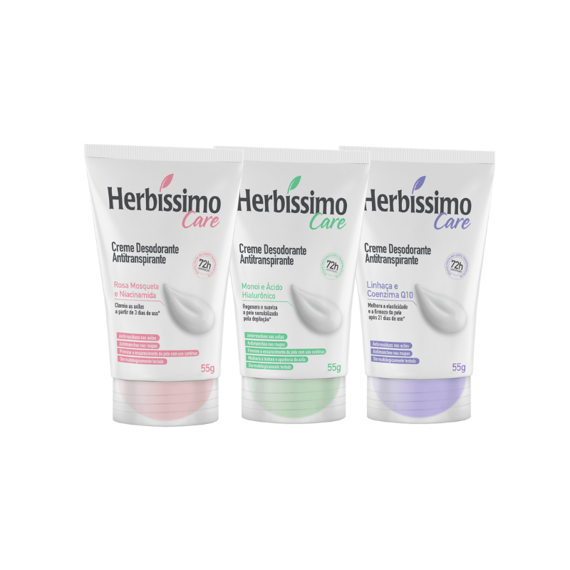 Kit Creme Desodorante Antitranspirante Herbíssimo Care - Rosa Mosqueta + Monoi + Linhaça - Bisnaga 55g