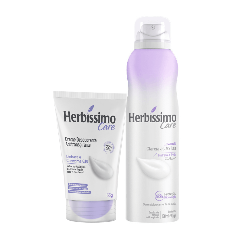 Kit Creme Desodorante Antitranspirante Herbíssimo Care - Linhaça e Coenzima Q10 - Bisnaga 55g + Aerossol Lavanda