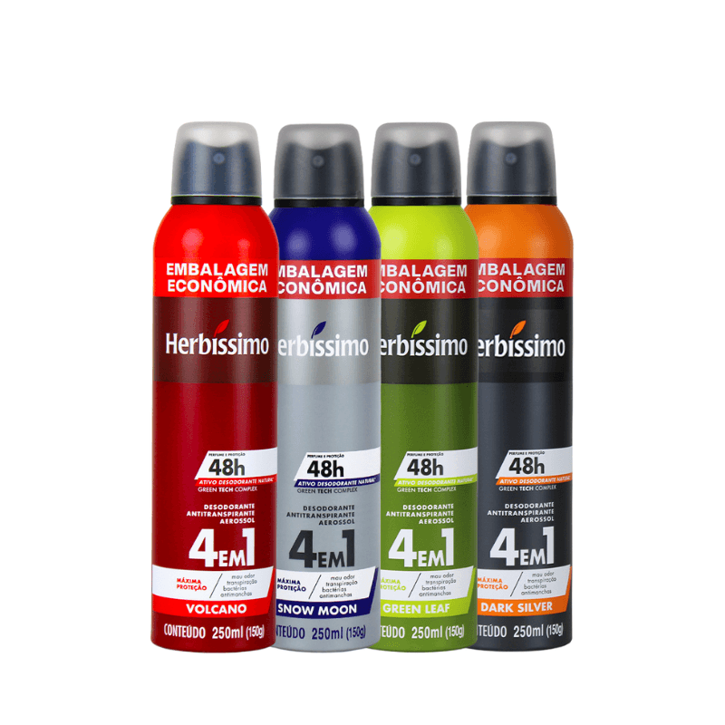Kit Desodorante Aerosol Antitranspirante Herbíssimo Snow Moon + Green Leaf + Volcano + Dark Silver - 250ml