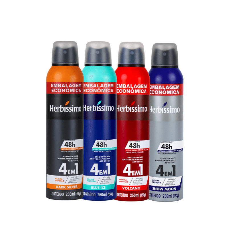 Kit Desodorante Aerosol Antitranspirante Herbíssimo Blue Ice + Snow Moon + Volcano + Dark Silver - 250ml