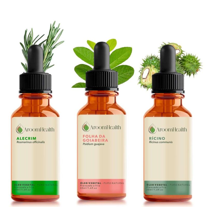 Kit Óleos Vegetais de Alecrim, Folha de Goiabeira e Rícino - 30ml Cada