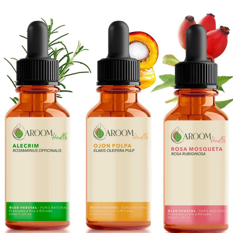 Kit Óleos Vegetais de Alecrim, Ojon Polpa/Batana e Rosa Mosqueta - 30ml Cada