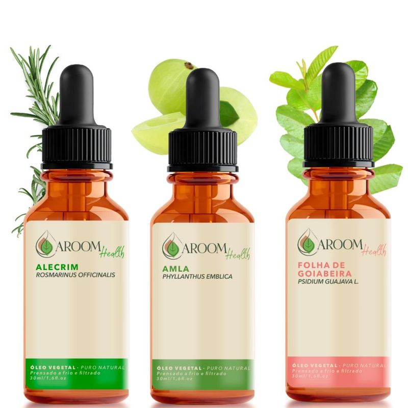 Kit Óleos Vegetais de Alecrim, Folha de Goiabeira e Amla - 30ml Cada