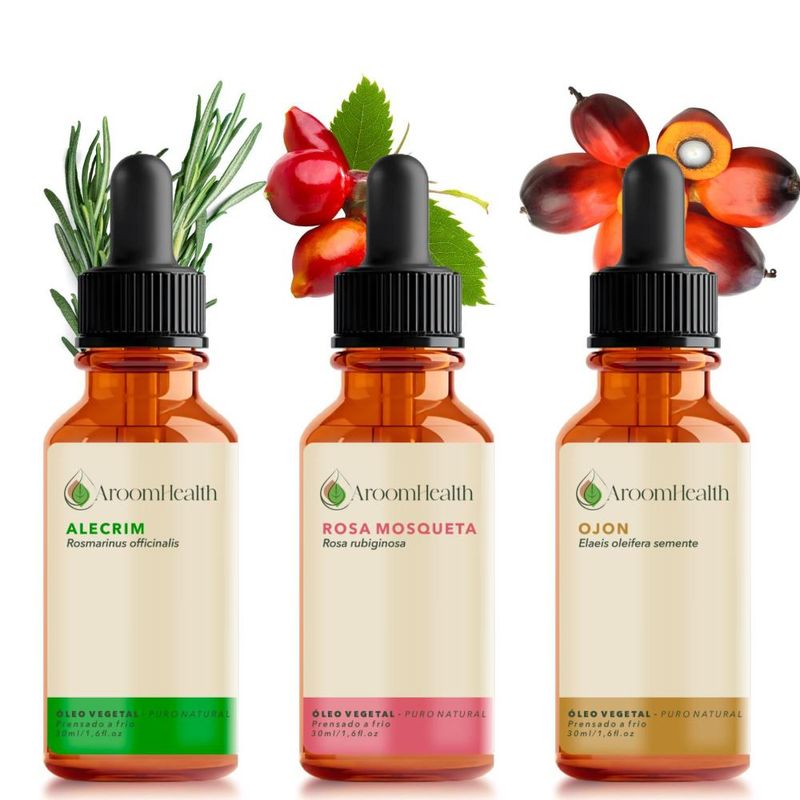 Kit Óleos Vegetais de Alecrim, Semente de Ojon/Batana e Rosa Mosqueta - 30ml Cada