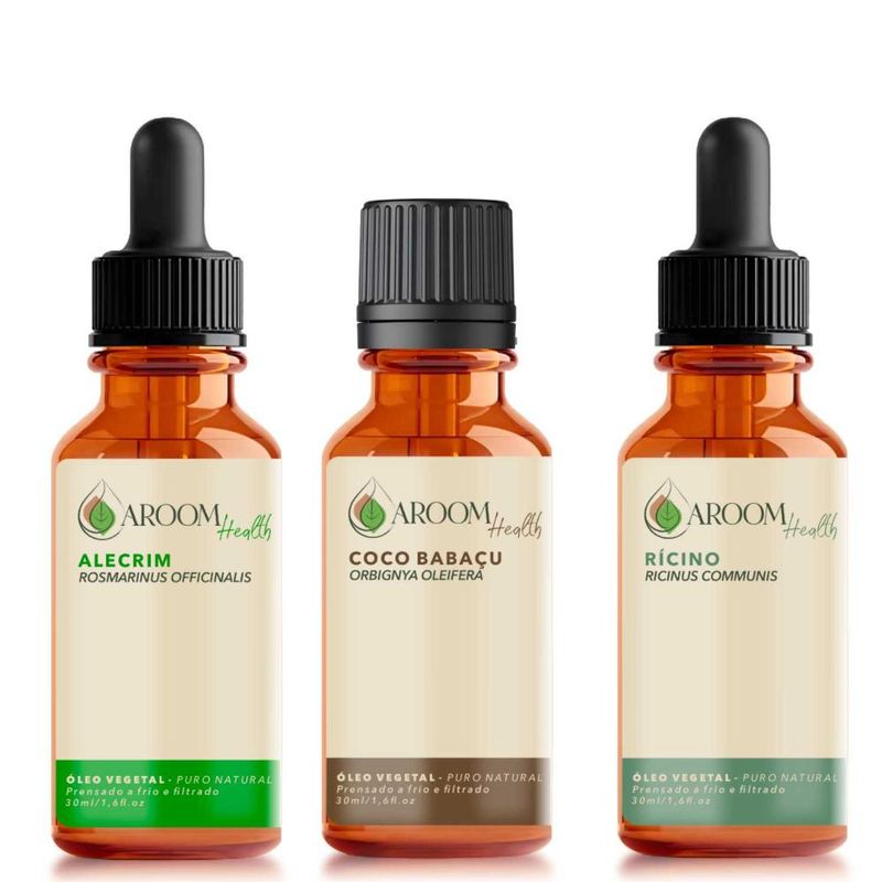 Kit de Óleos Alecrim, Coco e Rícino - 30ml Cada - Aroom Health