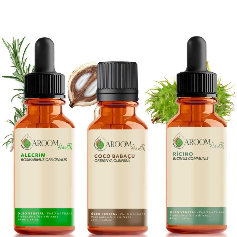 Kit de Óleos Alecrim, Coco e Rícino - 30ml Cada - Aroom Health