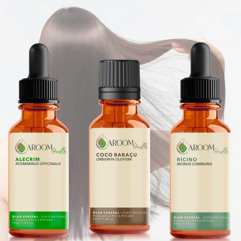Kit de Óleos Alecrim, Coco e Rícino - 30ml Cada - Aroom Health