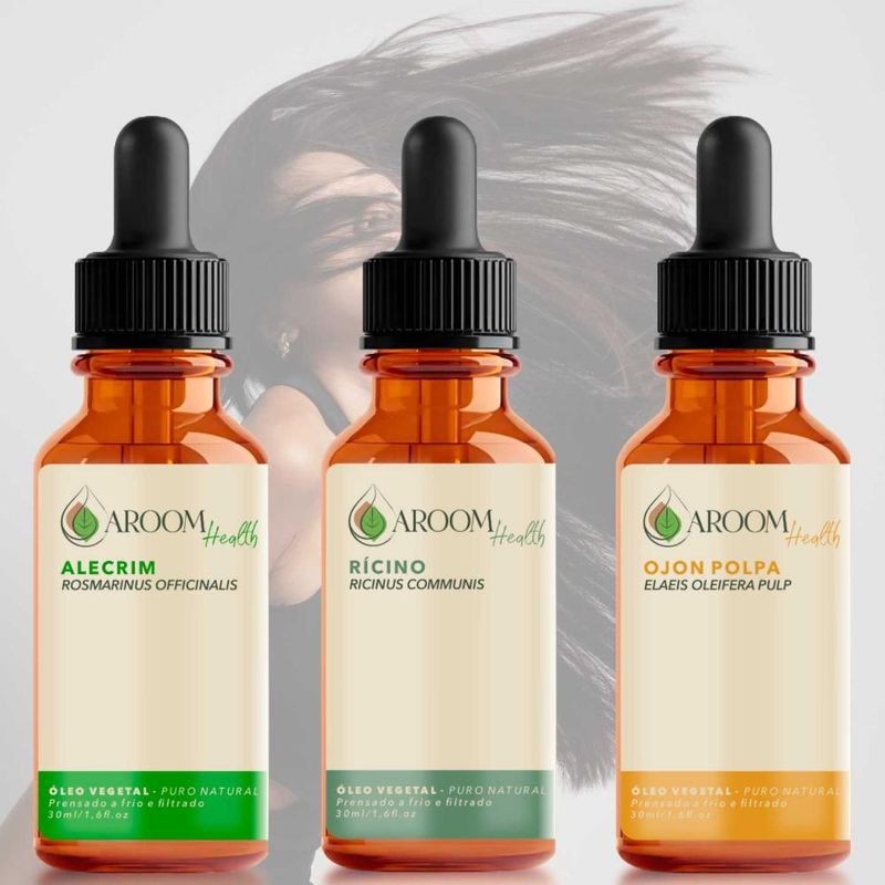 Kit de Óleos Alecrim, Ojon Polpa e Rícino - 30ml Cada - Aroom Health