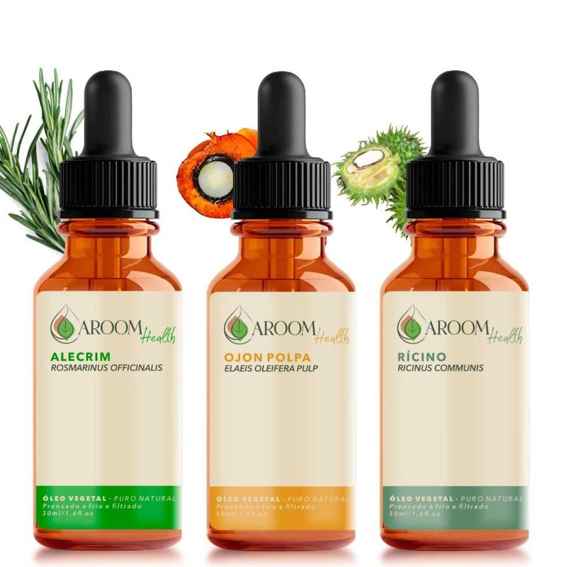 Kit de Óleos Alecrim, Ojon Polpa e Rícino - 30ml Cada - Aroom Health
