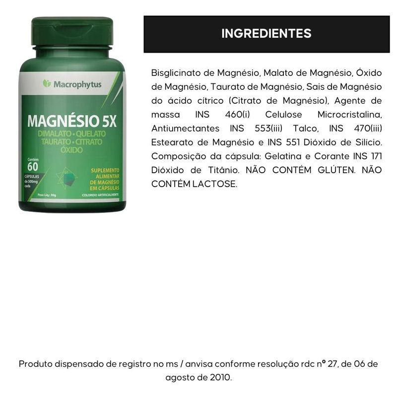 KIT 3X Magnésio 5X Dimalato Quelato Taurato Citrato Óxido 60 cápsulas - Macrophytus