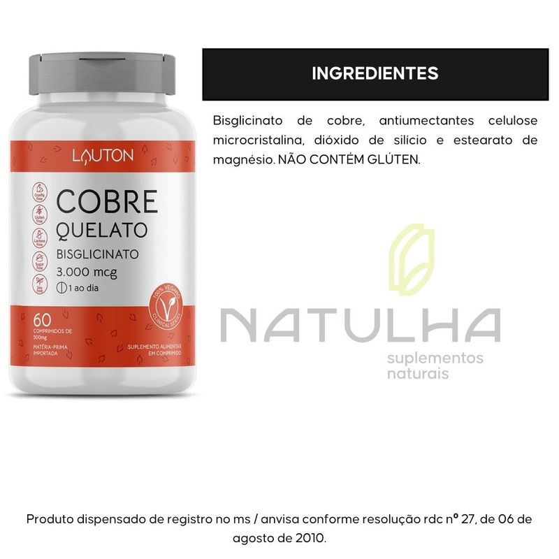 KIT 2X Cobre Quelato Bisglicinato 3000mcg 60 comprimidos - Lauton