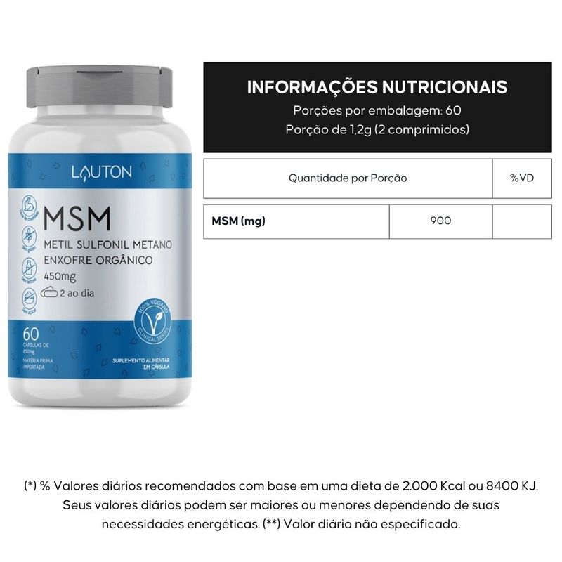 MSM Enxofre Orgânico Metil Sulfonil Metano 60 cápsulas - Lauton