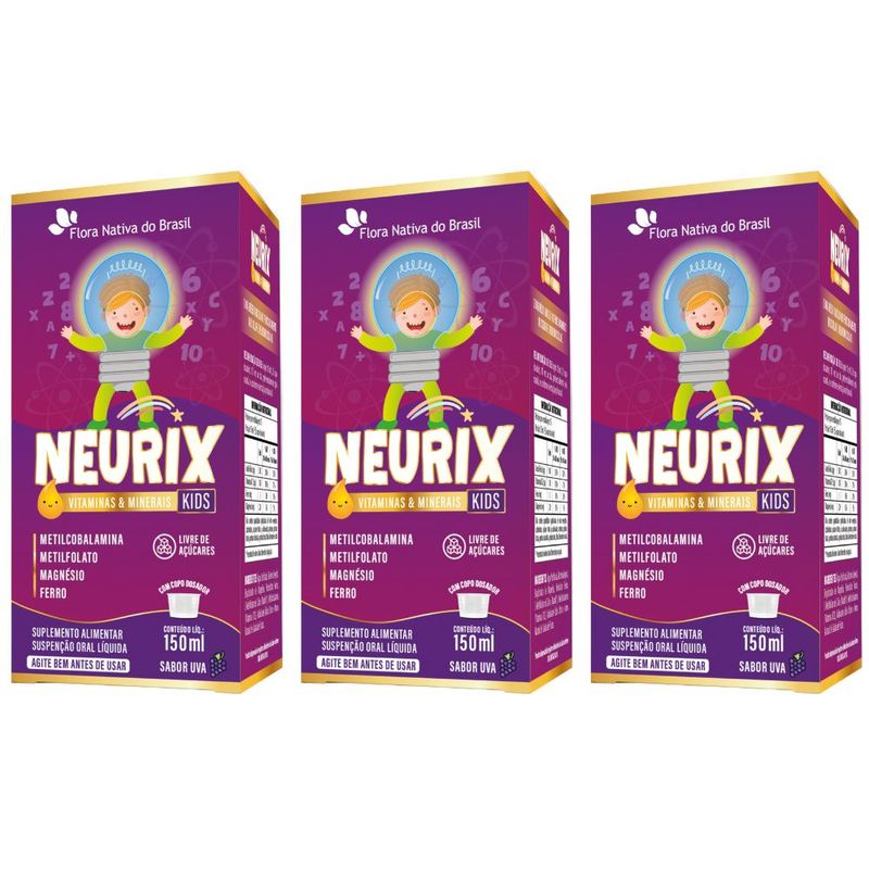 KIT 3X NEURIX Mg Fe Metilfolato B12 150ml - Flora Nativa - Uva