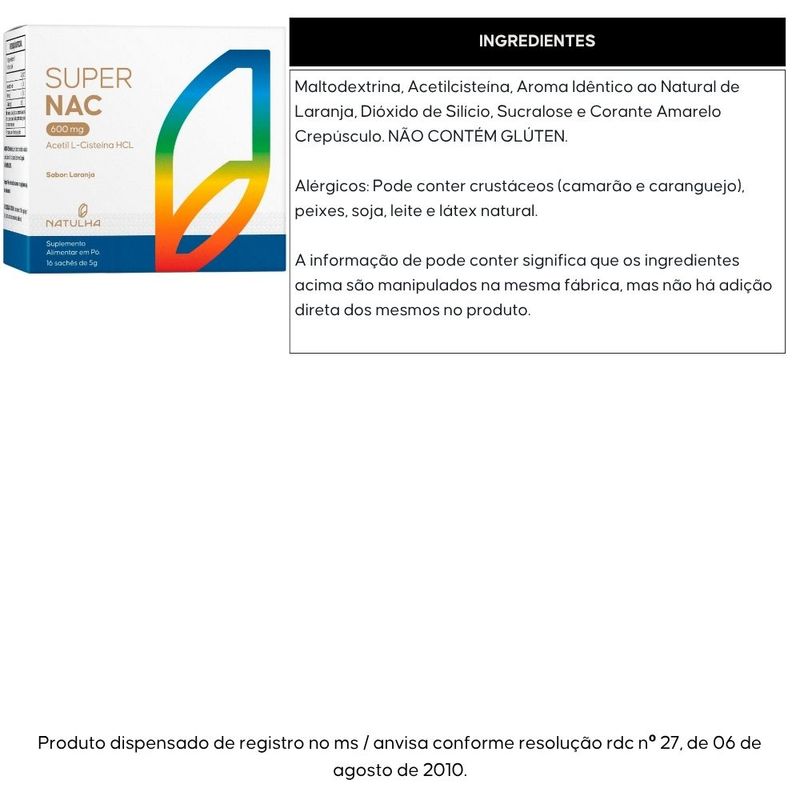 Super NAC Acetilcisteína HCL 600mg 16 sachês - Natulha
