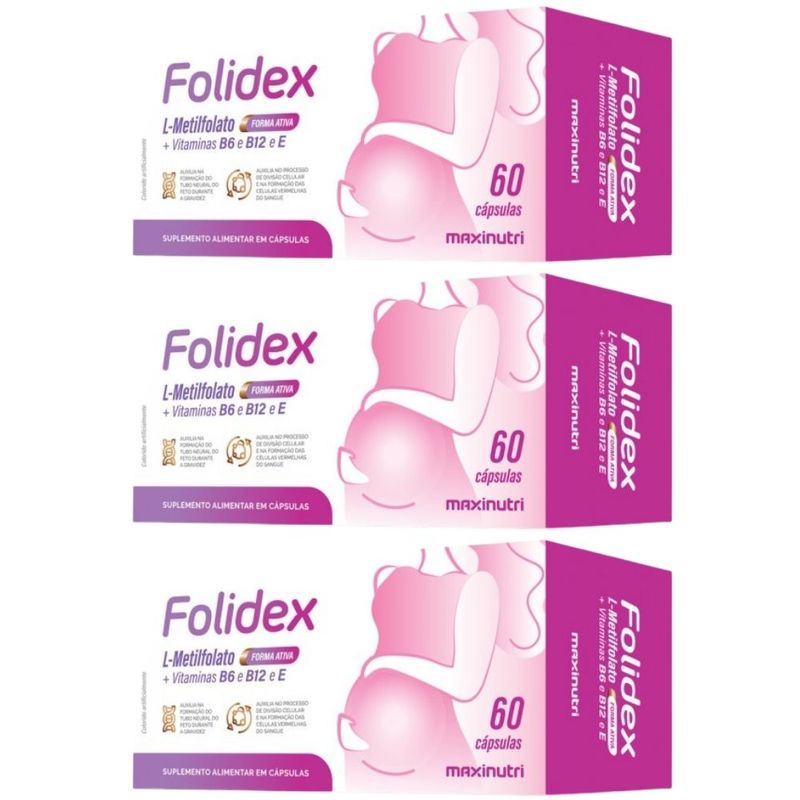 KIT 3X Folidex Metilfolato Vitaminas E B6 B12 - 60 Cápsulas - Maxinutri