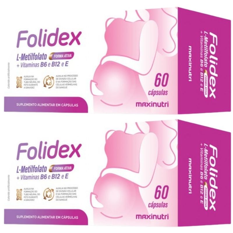 KIT 2X Folidex Metilfolato Vitaminas E B6 B12 - 60 Cápsulas - Maxinutri
