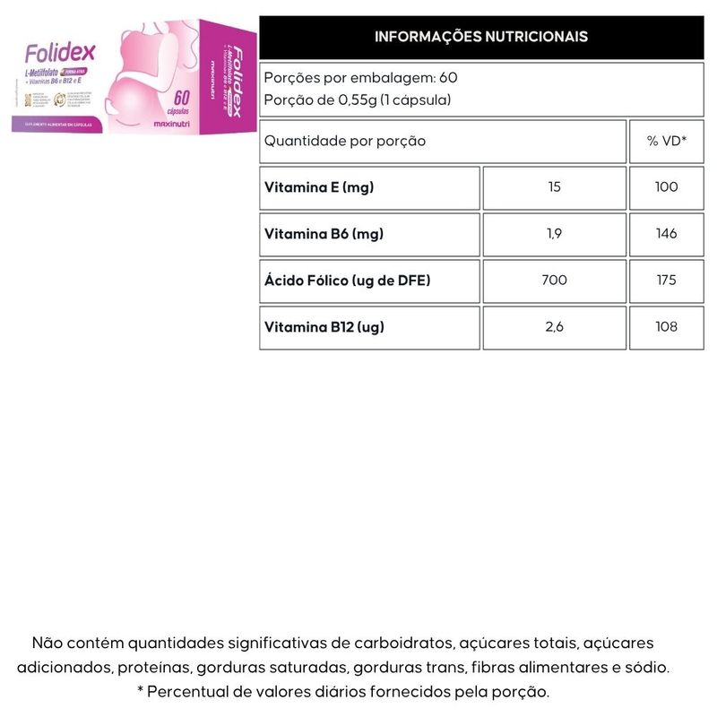Folidex Metilfolato Vitaminas E B6 B12 - 60 Cápsulas - Maxinutri