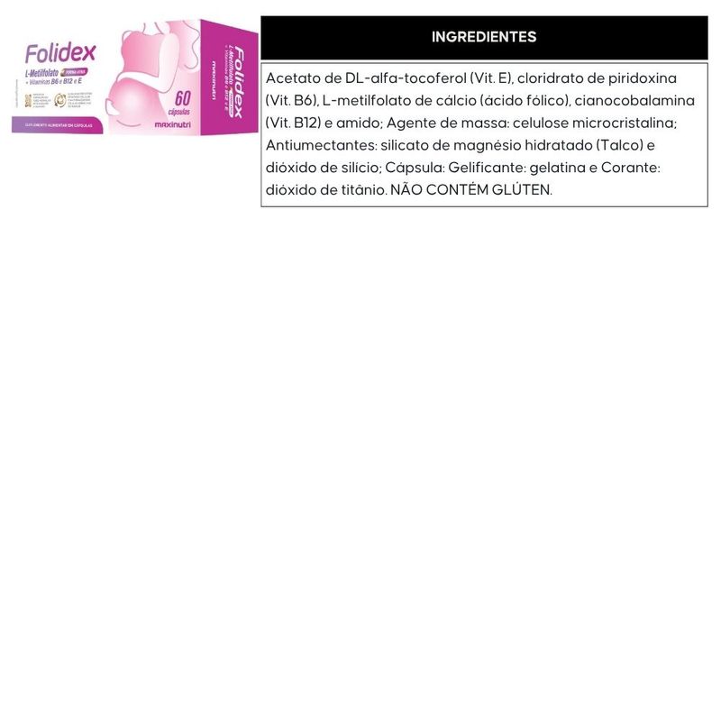 Folidex Metilfolato Vitaminas E B6 B12 - 60 Cápsulas - Maxinutri