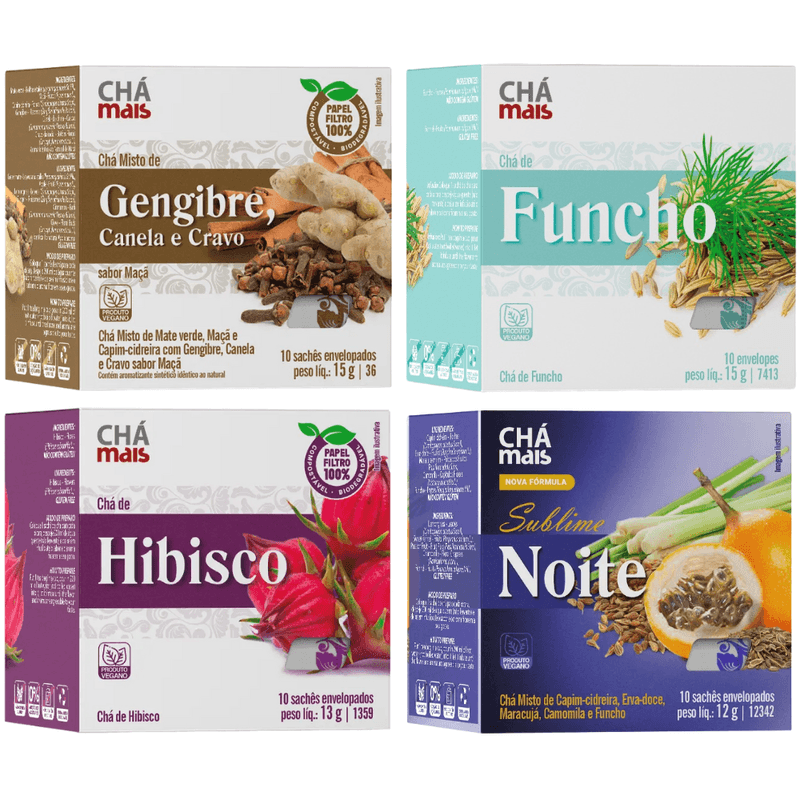 KIT Chás Gengibre Cravo Canela + Funcho + Hibisco + Sublime Noite - Chá Mais