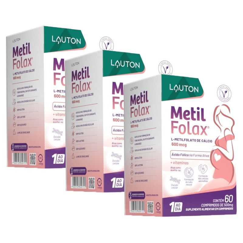 KIT 3X Metilfolax Ácido Fólico Ativo - 60 Comprimidos - Lauton