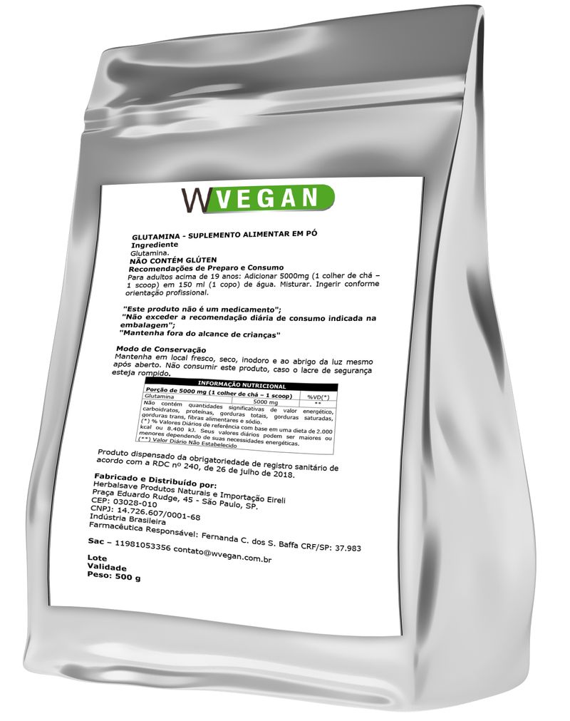 Glutamina Vegan 500g Embalagem Refil WVegan Vegano