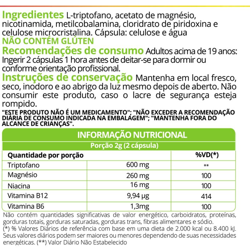 L-Triptofano VIT B6 B12 e Magnésio 500mg 60 capsulas