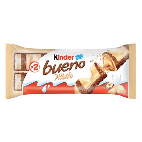 KINDER BUENO WHITE, WAFER COM RECHEIO DE LEITE E AVELÃS COBERTO COM CHOCOLATE BRANCO, 2 UNIDADES, 43 GRAMAS