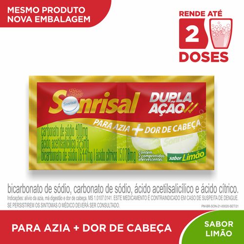 Sonrisal Limão Dupla Ação Antiácido e Analgésico para Alívio da Azia e Dor de Cabeça com 2 pastilhas