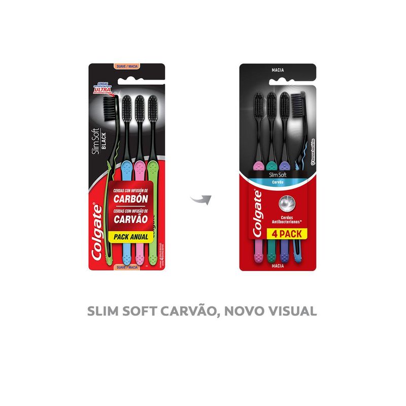 ESCOVA DE DENTE COLGATE SLIM SOFT BLACK COM INFUSÃO DE CARVÃO COM 4 UNIDADES  - Pague Menos