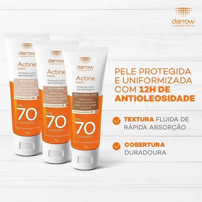 Protetor Solar Actine fps 70 Efeito Base Cor Pele Clara Toque Seco