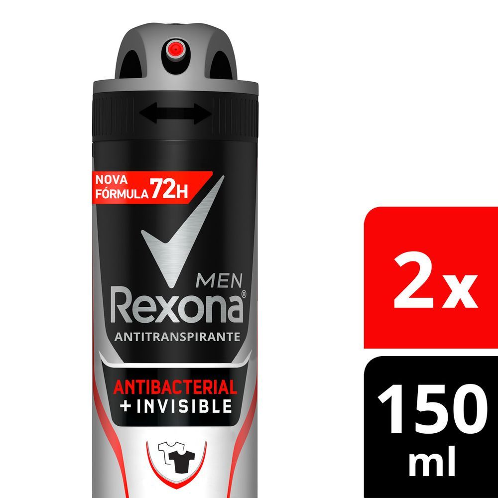 Desodorante Antitranspirante Aerosol Masculino Rexona Antibacterial + Invisible 72 horas 2 x 150ML Menor preço em Desodorante Antitranspirante Aerosol Masculino Rexona Antibacterial + Invisible 72 horas 2 x 150ML