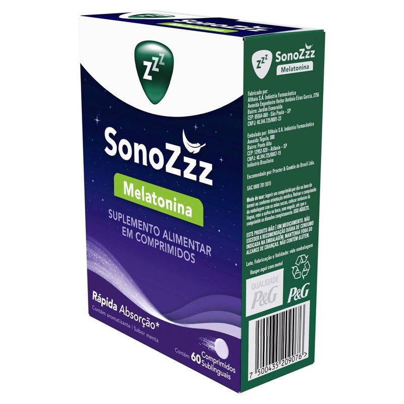 Melatonina Suplemento Alimentar Menta Sonozzz 24g Com 60 Comprimidos Sublinguais