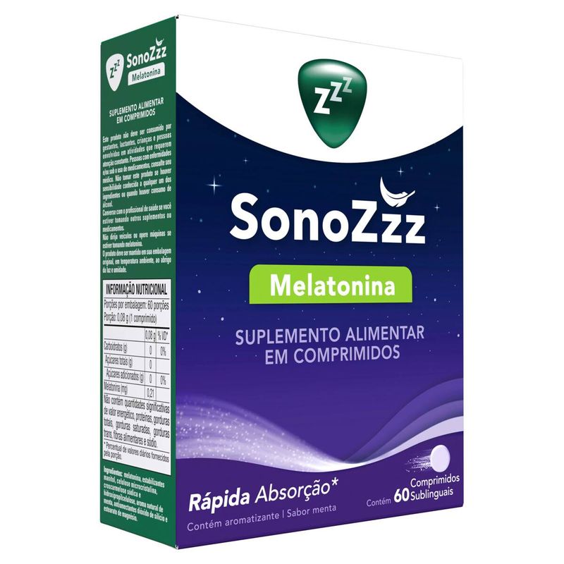 Melatonina Suplemento Alimentar Menta Sonozzz 24g Com 60 Comprimidos Sublinguais