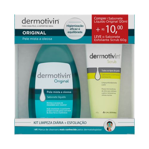 Dermotivin Original Pele Mista A Oleosa Sabonete Líquido 120ml + R$ 10,00 Dermotivin Scrub Sabonete Cremoso Esfoliante 60g