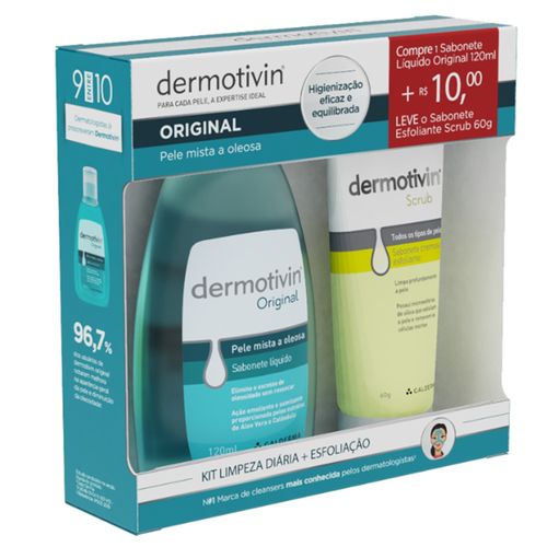 Dermotivin Original Pele Mista A Oleosa Sabonete Líquido 120ml + R$ 10,00 Dermotivin Scrub Sabonete Cremoso Esfoliante 60g