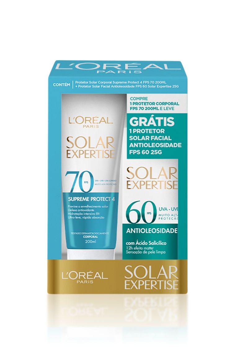 Kit-Protetor-Solar-Corporal-Supreme-Protect-4-Fps70-200ml---Protetor-Solar-Facial-Antioleosidade-Fps-60-25g--Loreal-Paris-Solar-Expertise