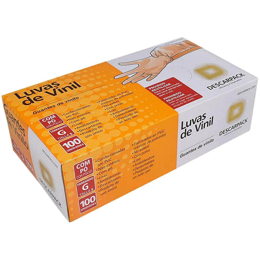 Luva de Vinil Descarpack Transparente com Pó Tam G - 100 unidades Menor preço em Luva de Vinil Descarpack Transparente com Pó Tam G - 100 unidades