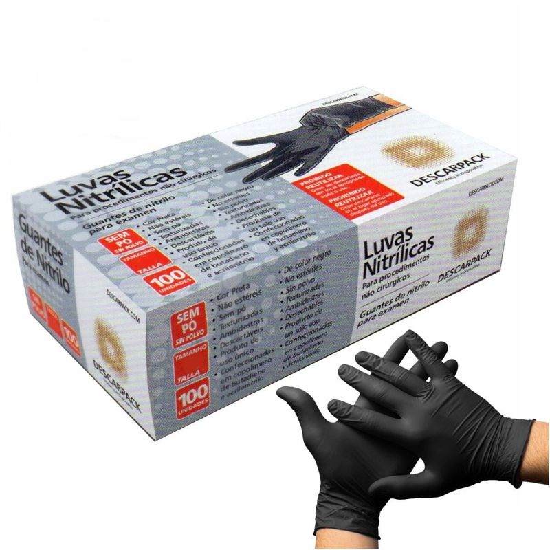 Luva Nitrílica Descarpack Sem Pó Preta Tam P - 100 luvas