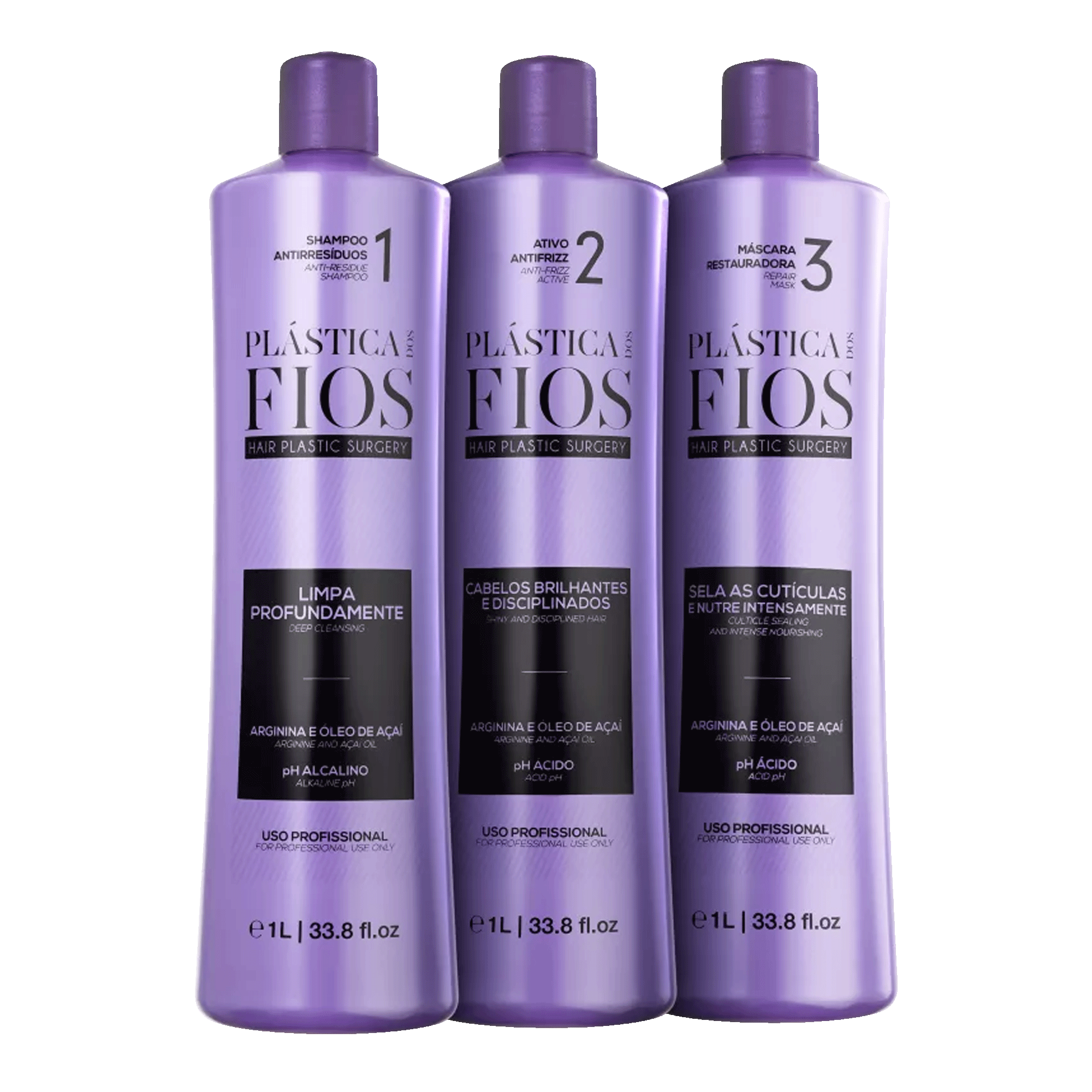 Brazil product data sample: Kit Cadiveu Profissional Plásticas dos Fios - Shampoo 1Lt + AntiFrizz 1Lt + Máscara 1Lt