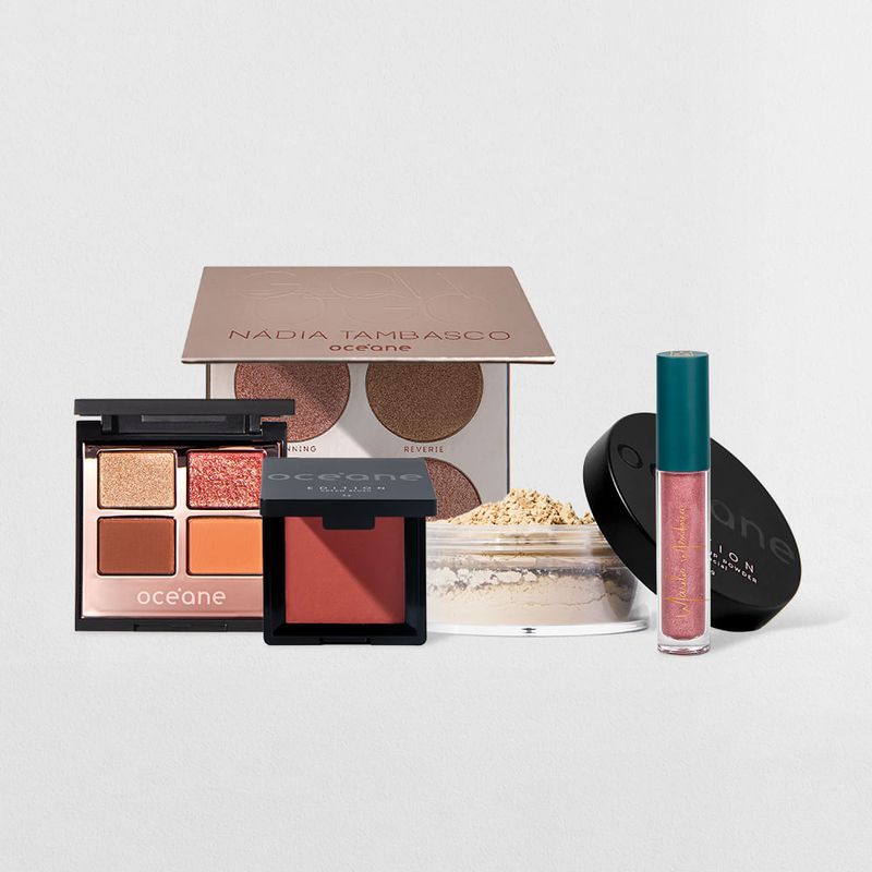 Kit Blush + Paleta de Sombras + Paleta de Iluminadores + Brilho Labial + Pó Translúcido (5 Produtos)