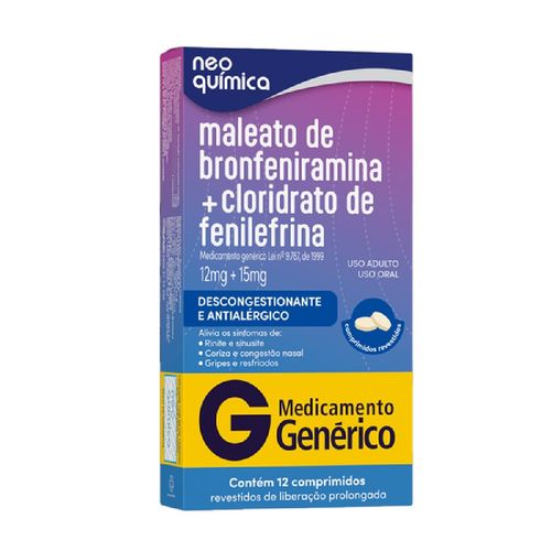 Maleato De Bronfeniramina 12mg + Cloridrato De Fenilefrina 15mg Genérico Neo Química Com 12 Comprimidos