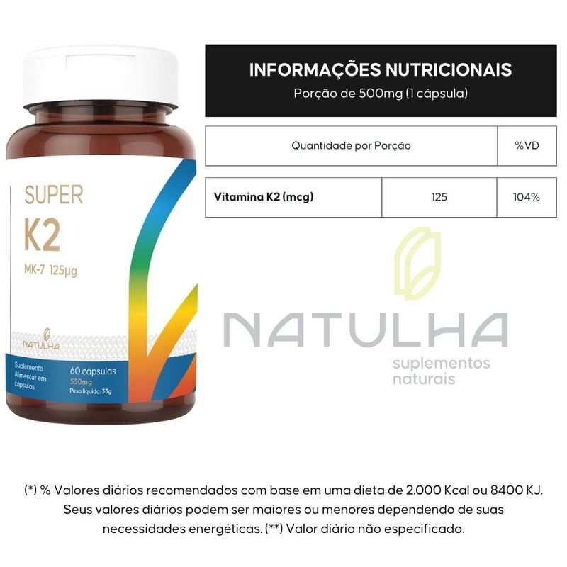 Super K2 (Menaquinona-7) 125mcg 60 cápsulas - Natulha